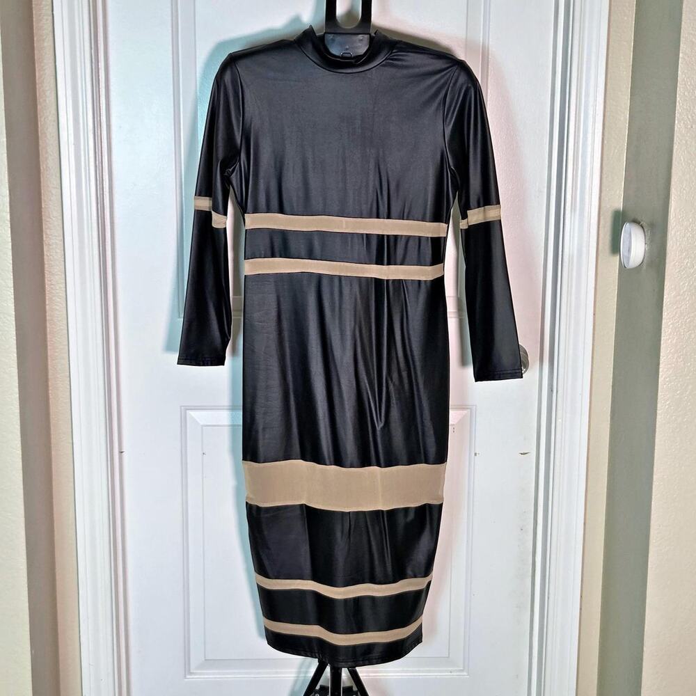 Shein curve faux leather black and tan striped midi dress size 0XL (US 12)